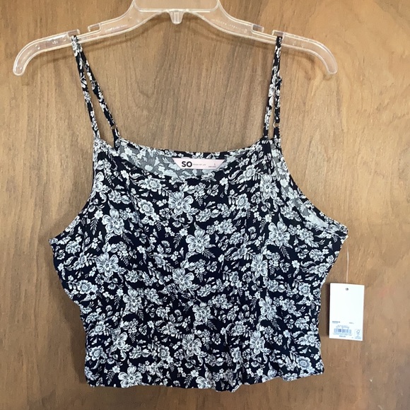 So floral print cropped cinch waist tank black white floral L or XL jrs - Picture 13 of 17